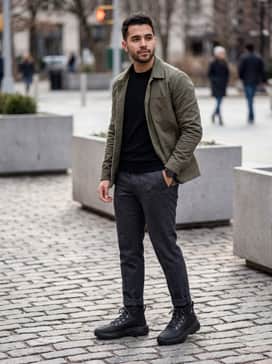 A rugged-casual ensemble with tapered raw indigo denim jeans, a grey marl crewneck sweatshirt, and a classic olive green bomber jacket for a military-inspired aesthetic.