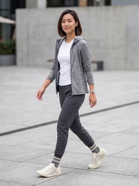 Slim-fit charcoal joggers with a fitted white performance t-shirt and a lightweight grey zip-up hoodie for a sleek athletic look.