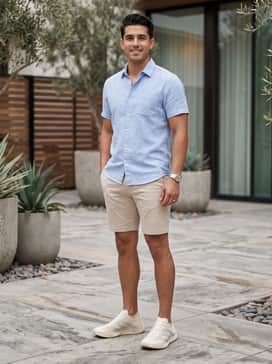 Lightweight beige chino shorts paired with a tucked-in light blue linen shirt and a silver-toned watch to match the shoe stripes.