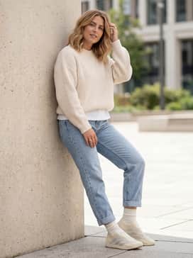 Straight-leg light-wash denim jeans with a slightly oversized cream knit sweater for a cohesive tonal streetwear outfit.