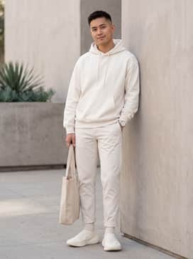 A minimalist athletic-leisure outfit pairing light grey slim-fit sweatpants with a matching monochromatic hoodie and a structured baseball cap for a cohesive, comfortable vibe.