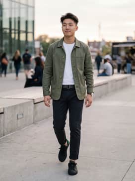 Clot Stan Smith Shoes By Edison Chen – Slim-fit black denim jeans paired with an oversized white graphic t-shirt and a lightweight olive green chore coat to complement the green heel detail.