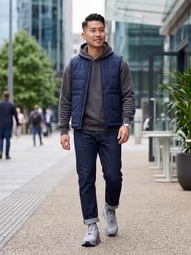Athletic fit dark-wash jeans paired with a high-quality grey hoodie and a navy quilted vest for a layered, functional weekend look.