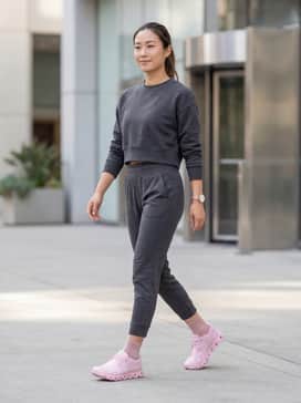 Cloud 6 Shf – High-waisted charcoal leggings paired with a matching pink cropped sweatshirt for a coordinated and functional workout look.