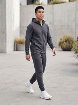 Cloud 6 Wide – A coordinated set of charcoal gray tech-fleece joggers and a matching zip-up hoodie for a sleek, monochromatic athleisure look.