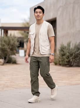 Cloudaway 2 – Olive green tapered cargo pants paired with a sand-colored moisture-wicking technical t-shirt and a lightweight cream utility vest.