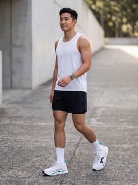 Cloudboom Zone – A sleek pair of black 5-inch inseam running shorts paired with a ventilated, moisture-wicking white singlet and high-performance compression socks.