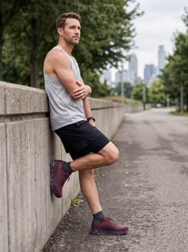An outdoor running outfit with black athletic shorts, a high-visibility silver mesh tank top, and charcoal low-cut performance socks for a sleek, aerodynamic silhouette.