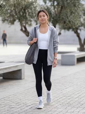High-waisted black performance leggings paired with a white moisture-wicking tank top and an oversized grey zip-up hoodie for a classic athleisure look.