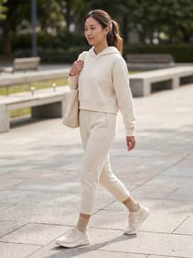 A tonal athleisure set featuring cream-colored joggers and a matching cropped hoodie for a seamless, elevated loungewear look.