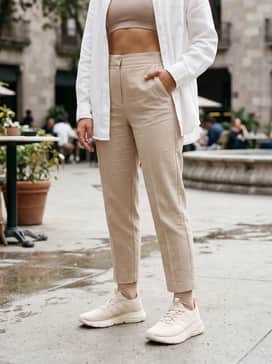 Sage green high-waisted leggings paired with an oversized white linen button-down shirt left open over a neutral sports bra.