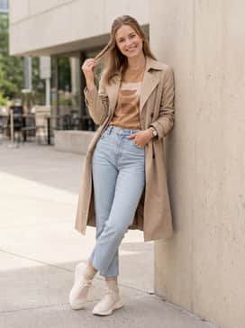 Cloudfoam Flex Slounge Shoes – Light-wash cropped straight-leg jeans with a tucked-in tan graphic tee and a beige trench coat for a chic city-ready ensemble.