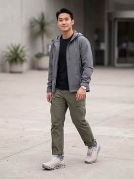 Pair with olive green ripstop cargo pants, a black moisture-wicking base layer, and a slate grey technical shell jacket for a cohesive trail-ready aesthetic.