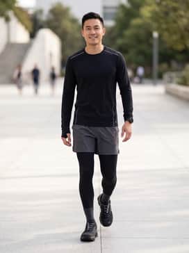 A sleek performance look featuring black compression tights, moisture-wicking charcoal shorts, and a fitted long-sleeve technical top with thumbholes.