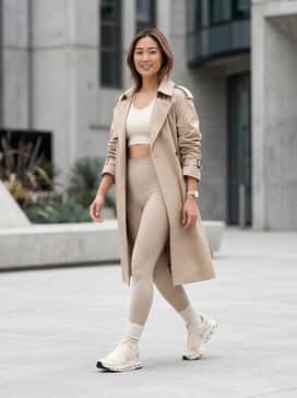 Cloudnova Form 2 Tt – A monochromatic cream-colored athletic set consisting of high-waisted ribbed leggings and a matching sports bra, topped with an oversized beige trench coat for a sophisticated post-gym look.
