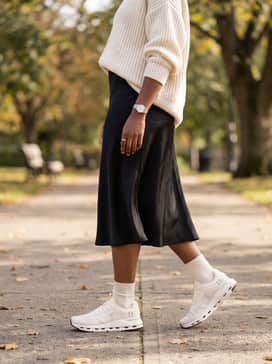 Cloudnova Form 2 Tt – A black satin midi skirt paired with a chunky oversized cream knit sweater to balance feminine textures with the shoe's sporty, architectural silhouette.