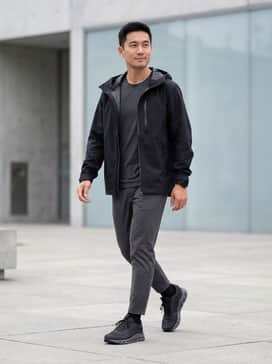 Cloudnova Form 2 Tt – A pair of tapered black joggers paired with a technical rain shell and a moisture-wicking t-shirt for a weather-ready urban look.