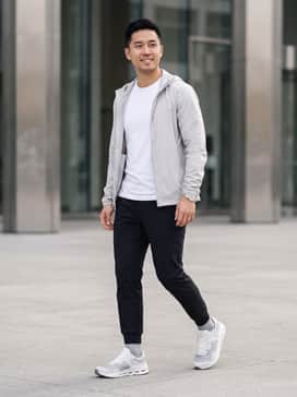 A pair of tapered black joggers paired with a high-quality white pima cotton t-shirt and a grey technical windbreaker for a sleek athleisure vibe.
