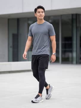 A high-performance gym ensemble featuring charcoal moisture-wicking compression leggings under matte black athletic shorts, paired with a fitted slate grey tech-tee.