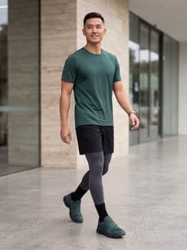 Performance-ready look with charcoal compression leggings, black training shorts, and a matching forest green moisture-wicking tech tee.