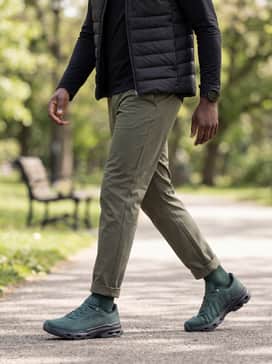 Outdoor functional outfit consisting of water-resistant olive utility pants and a black quilted gilet over a technical long-sleeve base layer.