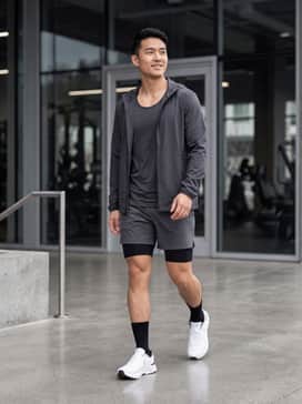 High-performance black compression leggings paired with a charcoal grey racerback tank and a sleek windbreaker for a focused gym session.
