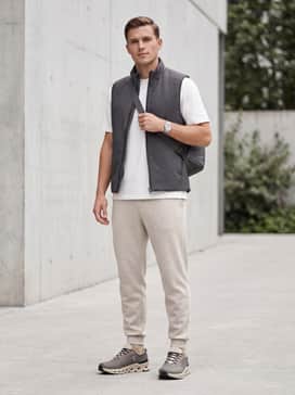 A refined post-gym athleisure outfit with heathered oatmeal fleece sweatpants, a premium heavyweight white tee, and a matte black quilted vest for layering.