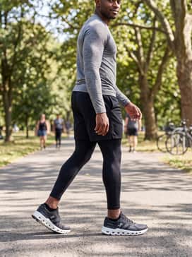 A gym-ready aesthetic consisting of black compression tights under mesh training shorts, paired with a fitted long-sleeve performance top in heather grey.