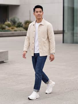 Cloudsolo Loewe – Straight-leg raw denim jeans rolled at the hem, a crisp white heavyweight t-shirt, and a beige chore coat for a refined workwear look.