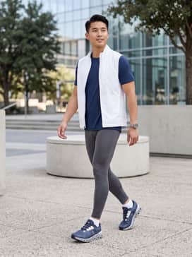 A full performance set featuring navy blue compression leggings, a moisture-wicking charcoal grey long-sleeve shirt, and a lightweight white running vest.