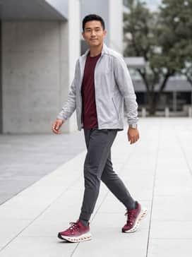 Cloudsurfer Max – A performance-focused look featuring charcoal moisture-wicking compression tights paired with a matching burgundy tech-tee and a lightweight silver windbreaker for early morning runs.