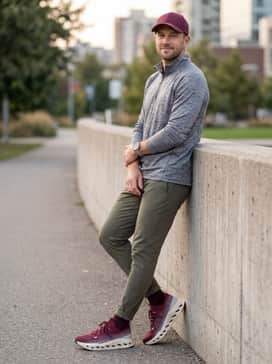 An urban athleisure outfit consisting of slim-fit olive joggers, a grey heathered technical quarter-zip pullover, and a coordinating burgundy baseball cap.