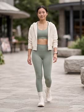 Cloudswift 4 Ad – High-waisted sage green leggings paired with a matching sports bra and a cropped cream zip-up hoodie for a cohesive gym-to-brunch look.