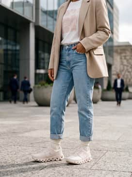 Cropped light-wash boyfriend jeans, a tucked-in white graphic tee, and a beige oversized blazer for a smart-casual streetwear aesthetic.