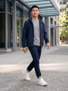 Cloudswift 4 Ad – Pair these sneakers with navy blue athletic-fit jeans, a heather grey performance t-shirt, and a lightweight navy windbreaker for a balanced, active-casual weekend look.