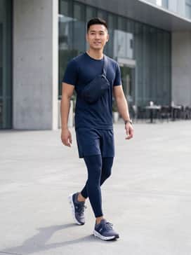 A high-performance look featuring navy compression leggings, a slate grey moisture-wicking technical t-shirt, and a lightweight reflective running vest for early morning visibility.