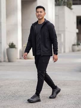 A sleek monochromatic techwear ensemble featuring black tapered cargo joggers, a charcoal moisture-wicking base layer, and a matte black water-resistant windbreaker.