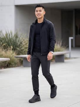 Pair these sneakers with slim-fit charcoal joggers, a moisture-wicking black compression tee, and a lightweight technical windbreaker for a cohesive athleisure look.