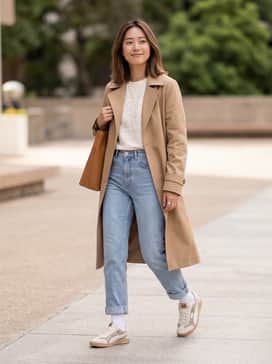 Pair with high-waisted, light-wash straight-leg jeans, a tucked-in oversized cream graphic tee, and a tan trench coat for a sophisticated urban look.