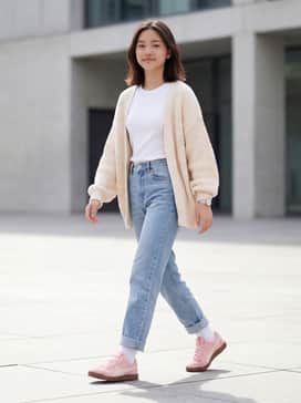 Club 5v5 Galentines Day Womens Sneakers – High-waisted light-wash straight-leg jeans paired with a tucked-in white baby tee and an oversized cream knit cardigan for a soft vintage look.