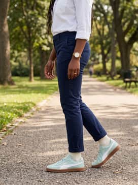 Navy blue slim-fit chinos and a crisp white button-down shirt with the sleeves rolled up for a smart-casual, office-ready ensemble.