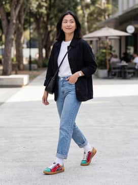High-waisted light-wash mom jeans paired with a tucked-in white graphic t-shirt and an oversized black blazer to balance the bold colors.
