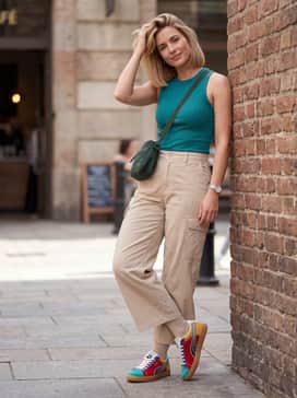 Clyde Las Vegas Womens Sneakers – Beige wide-leg cargo pants and a fitted teal tank top to pull out the color of the toe cap, finished with a small nylon crossbody bag.