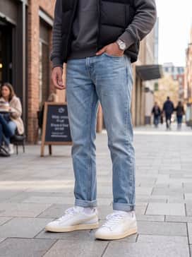 Match with faded light-blue straight-leg jeans, a charcoal grey hoodie, and a black puffer vest for a layered urban look.