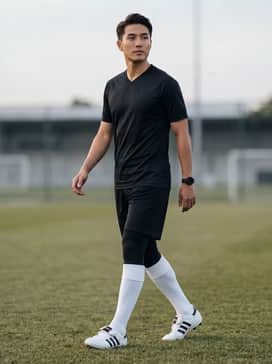 A matching team jersey tucked into high-performance soccer shorts with tall over-the-calf compression socks.