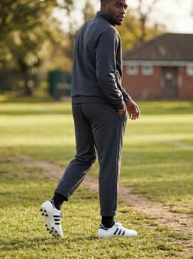 A full team tracksuit in a contrasting dark color to highlight the bright white of the leather cleats.