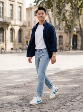 Light wash slim-fit denim jeans cuffed at the ankle, paired with a crisp white crewneck t-shirt and an unbuttoned navy blue flannel shirt.