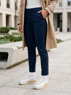 Cortez Leather – Slim-fit navy blue chinos with a grey melange crewneck sweatshirt and a tan trench coat for a smart-casual city look.