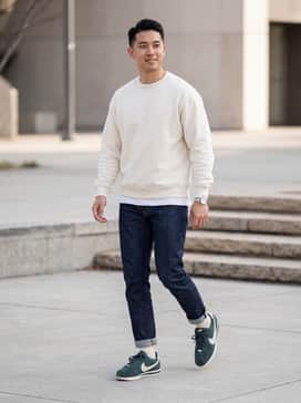 Cortez Premium – A pair of raw indigo tapered denim jeans cuffed at the ankle, paired with a heavy-weight cream crewneck sweatshirt for a classic workwear-inspired look.