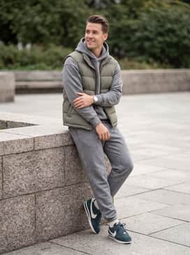 Grey melange fleece joggers and a matching oversized hoodie topped with a quilted puffer vest in a neutral earth tone for an elevated athletic ensemble.